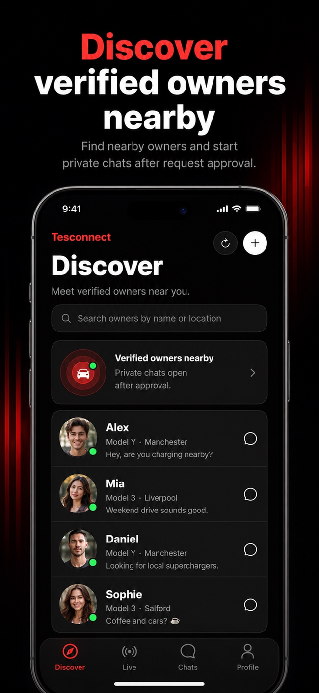 Discover verified Tesla owners nearby